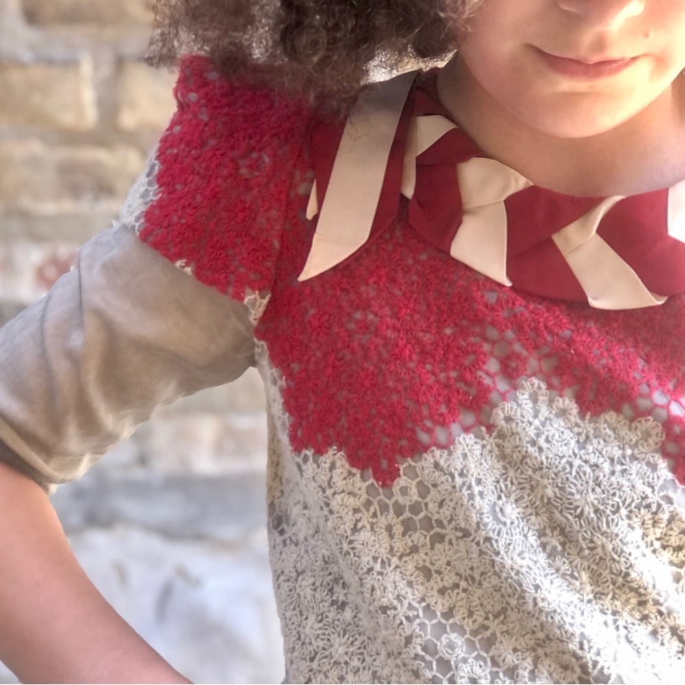 Pinco Pallino Red & Beige Lace Dress with Striped Ribbon Collar - Picture 9 of 16